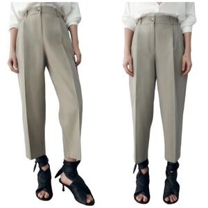 Zara Pleated Tapered Front High Rise Barrel Leg Cropped Length Trousers Pants
